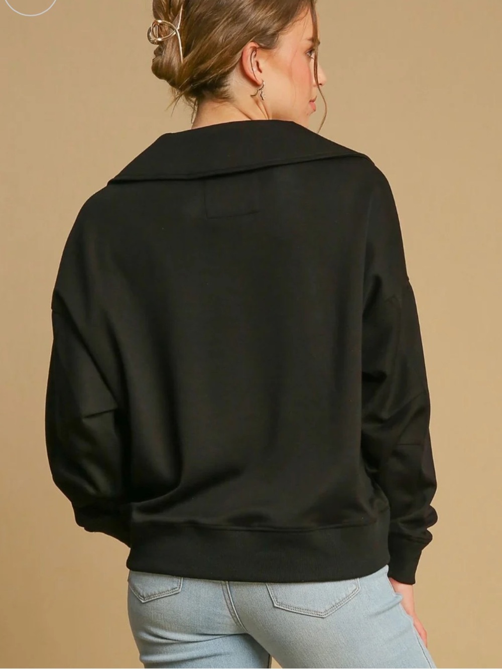 Umgee Johnny Collar Dropped Shoulder Sweatshirt Black Size Large - Picture 3 of 11